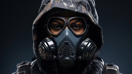 Close-up portrait of black woman in a gas mask on a dark background. Generative AI.