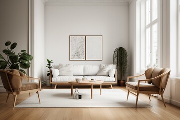 Minimalist white living room with sofa & armchair in Scandinavian style. Generative AI