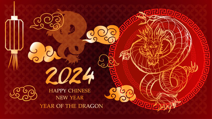 Fototapeta premium Year of the Dragon 2024,Chinese New Year Chinese zodiac concept ,A dragon floats in the sky and clouds ,style paper cut pattern