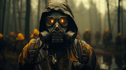 Close-up portrait of a stalker man in a gas mask in destructed apocalyptic forest. Generative AI.