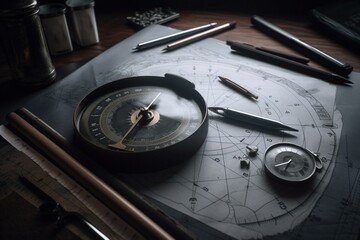 Desktop with 3D ruler, drawing triangle, compass, pencils, hole template & technical drawing, isolated. Generative AI