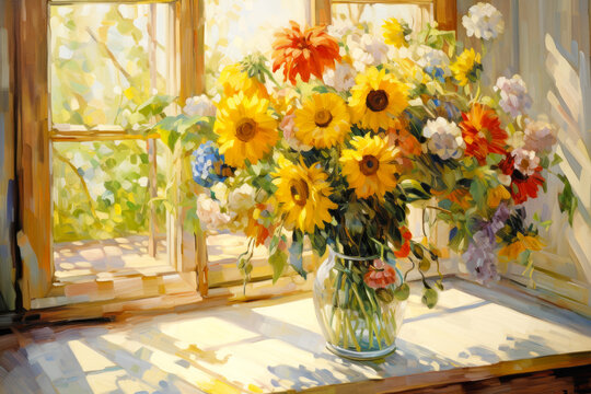 Colorful Bunch of Field Flowers in Glass Vase Against Sunny Window Painting. Canvas Texture.
