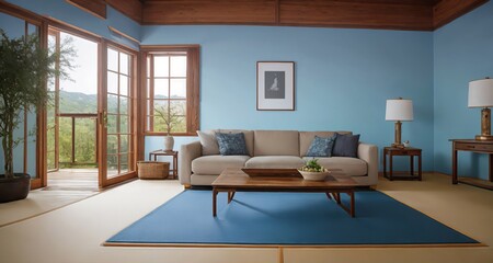 Fototapeta na wymiar Japanese Coastal Decor in a Country House Living Room generative ai