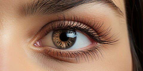 Obraz premium Macro shot of a woman's beautiful eye with brown iris.