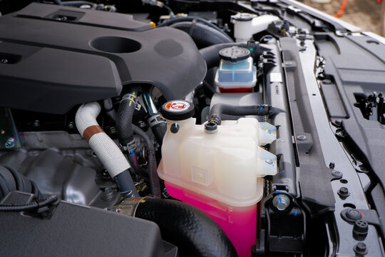 radiator reservoir tank car engine coolant anti-coolant and anti-freeze, pink coolant