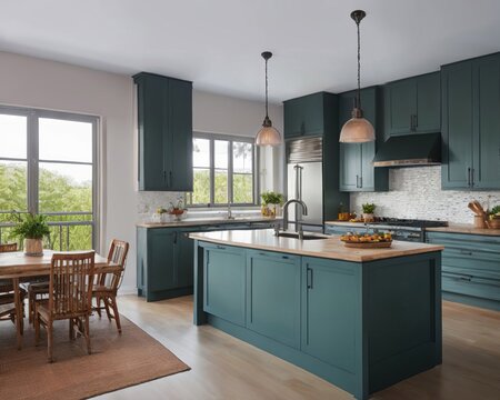 Premium AI Image  Turquoise kitchen cabinets with a wooden countertop and  a white stove.