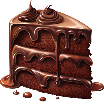Chocolate cake, chocolate sauce poured over cake, on transparent background