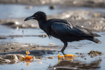 Obraz premium Sickly looking crow on polluted beach