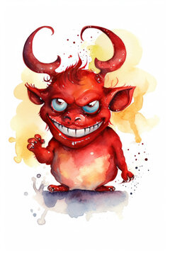 Watercolor red devill white background