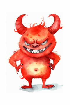 Watercolor red devill white background