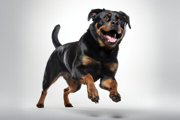 Fototapeta premium Happy Rottweiler dog jumping on a white background. Banner concept for pet shop, e commerce pet, veterinary clinics. Generative AI. 