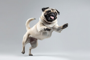 Happy Pug dog jumping on a white background. Banner concept for pet shop, e commerce pet, veterinary clinics. Generative AI. 