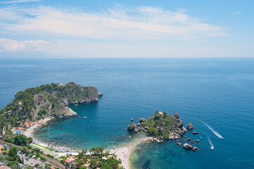 View of Isola Bella in Taormina, Sicily, Italy, blue sea