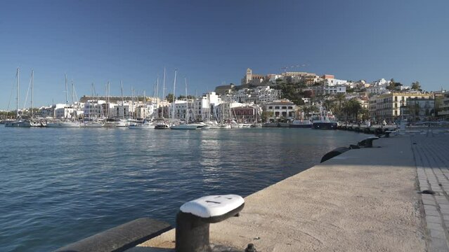 Harbour boats and Cathedral above Dalt Vila old town, UNESCO World Heritage Site, Ibiza Town, Ibiza, Balearic Islands, Spain
