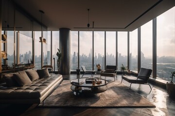Spacious high-rise interior with Bangkok skyline view. Luxurious real estate, daytime, 3D rendering. Generative AI