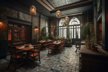 Fototapeta na wymiar Oslo restaurant with colonial interior in summer. Generative AI