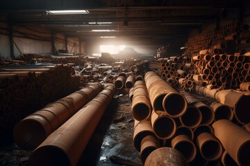 Piles of drainage pipes staged for shipping. Generative AI