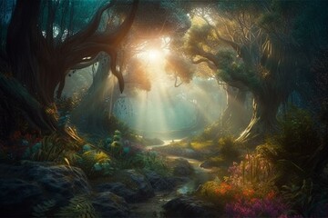 Magical digitally-painted fantasy forest landscape. Generative AI