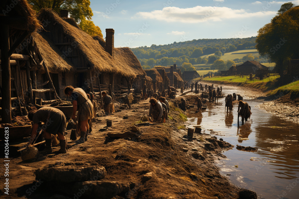 Aufkleber an image shows a stone age agricultural scene, with humans cultivating crops using simple tools like