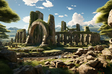 A popular image portrays a Stone Age ceremonial site, with standing stones or megalithic structures arranged in a specific pattern. Generative AI technology.