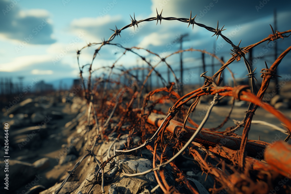Poster a close-up of prison barbed wire against a cloudy sky, representing the idea of confinement. generat