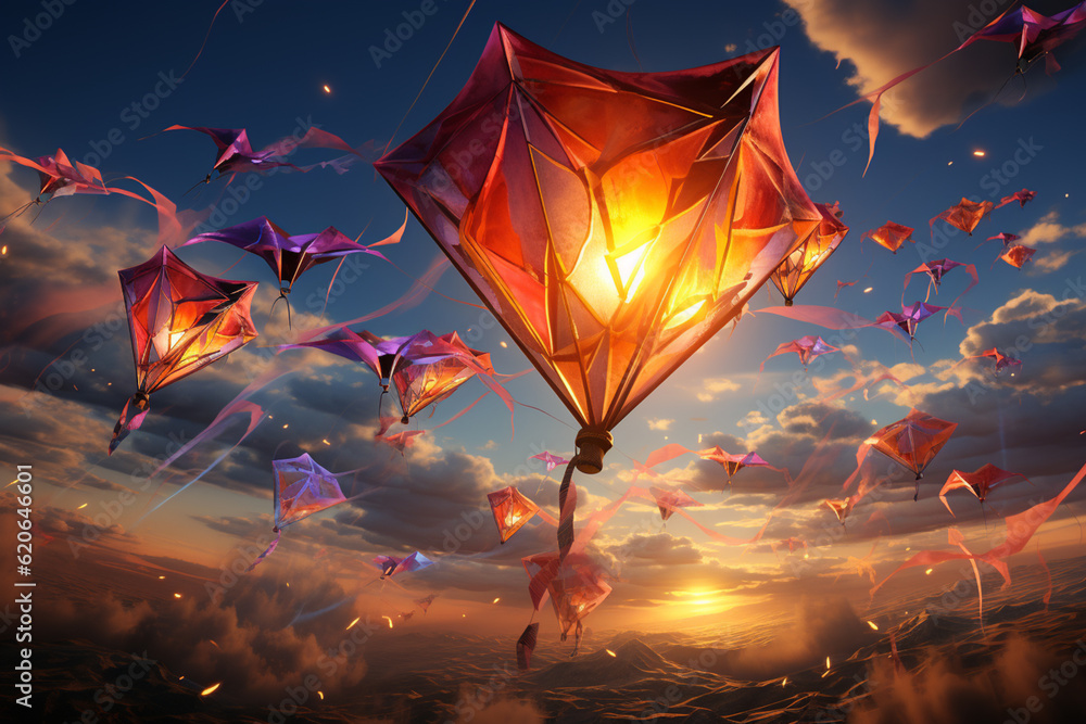 Aufkleber A flock of colorful kites flying high in the sky, creating a vibrant and playful scene in the air. Generative AI technology.