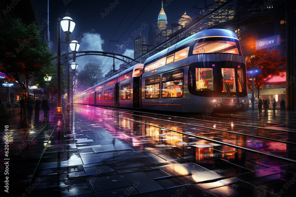 Aufkleber a night shot of a train station illuminated with bright lights, creating a vibrant and bustling atmo
