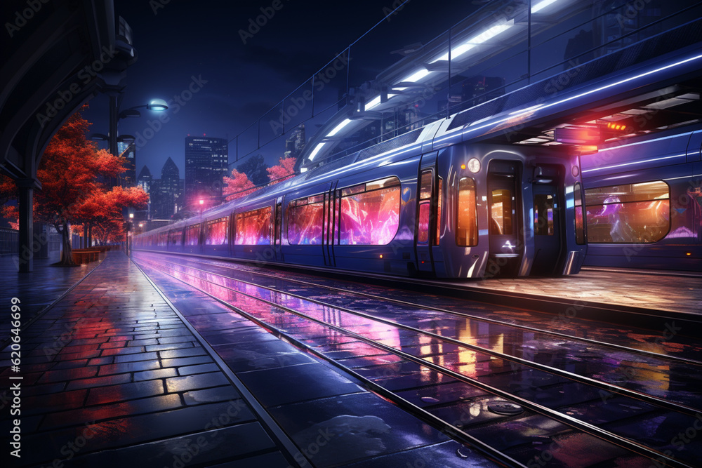 Aufkleber a night shot of a train station illuminated with bright lights, creating a vibrant and bustling atmo