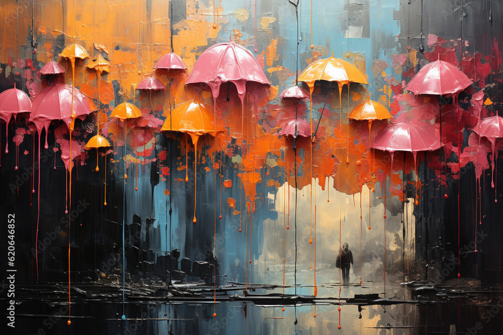 Poster a mixed-media artwork combining collage and paint, depicting rain as a collage of torn paper in diff
