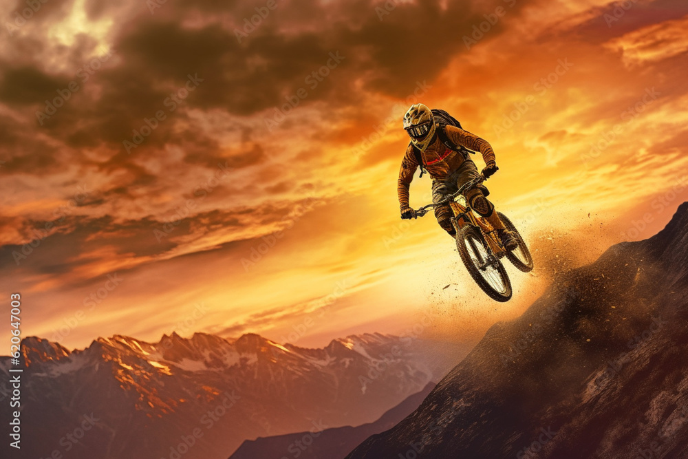 Aufkleber a dynamic silhouette of a mountain biker soaring through the air against the backdrop of a vibrant g