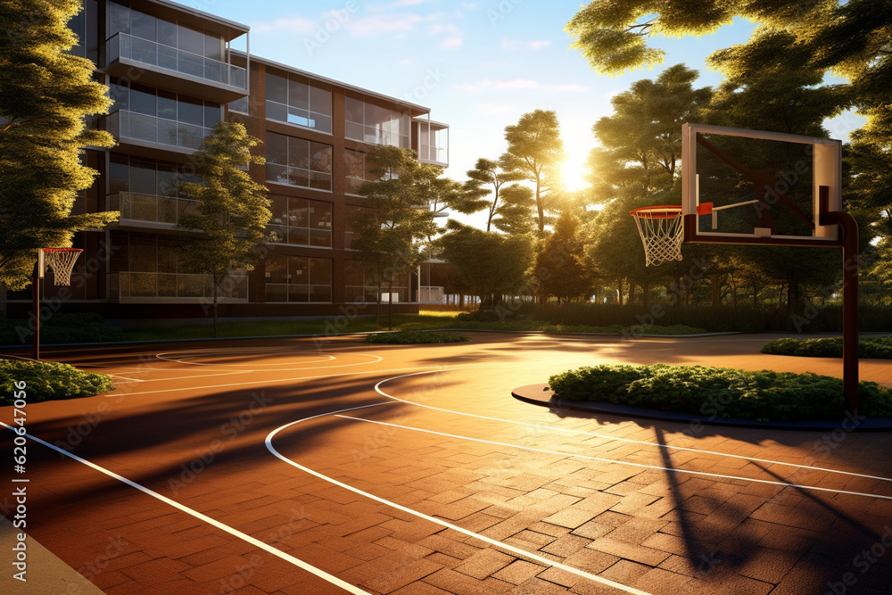 Poster A well-maintained outdoor basketball court with a smooth and glossy surface, inviting players to engage in fast-paced. Generative AI technology.