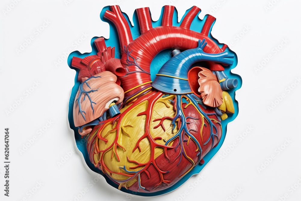 Poster An educational diagram of a human heart, labeled with its various parts and accompanied by concise description. Generative AI technology.