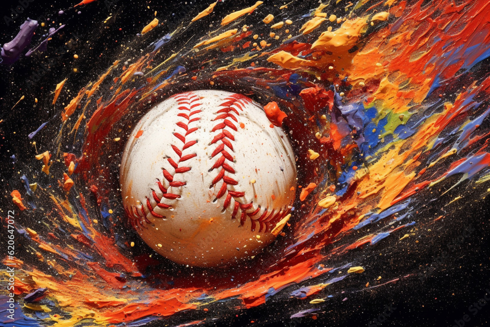 Leinwandbilder An abstract painting featuring a baseball splattered with an array of vibrant paint, representing the power and precision of the pitcher's throw. Generative AI technology.