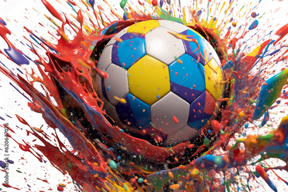 Poster a visually striking composition featuring a football covered in a kaleidoscope of paint splatters, e