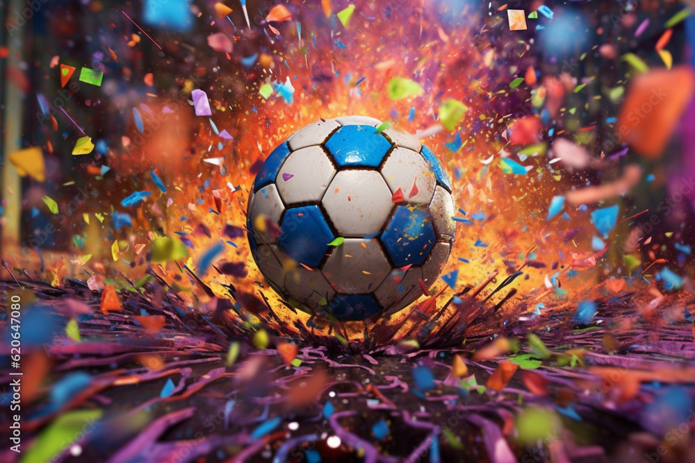 Poster a visually striking composition featuring a football covered in a kaleidoscope of paint splatters, e