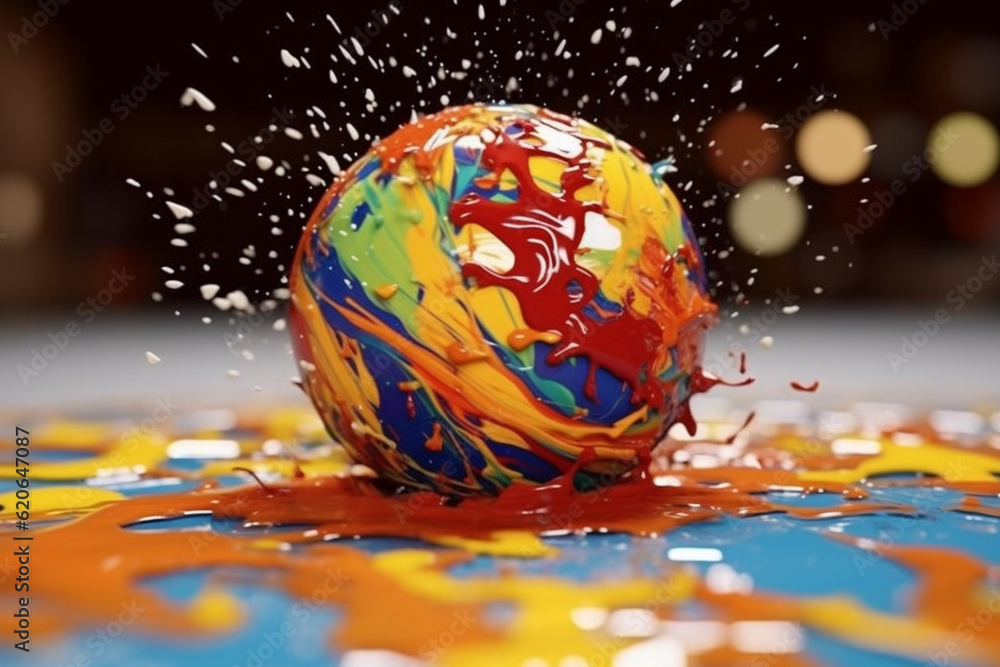 Aufkleber A captivating photograph of a table tennis ball covered in splashes of colorful paint, capturing the speed and precision of the sport. Generative AI technology.