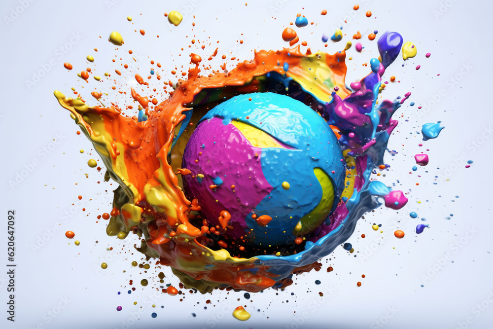 Poster An artistic representation of a golf ball surrounded by an explosion of colorful paint, evoking a sense of joy and playfulness associated with the sport. Generative AI technology.