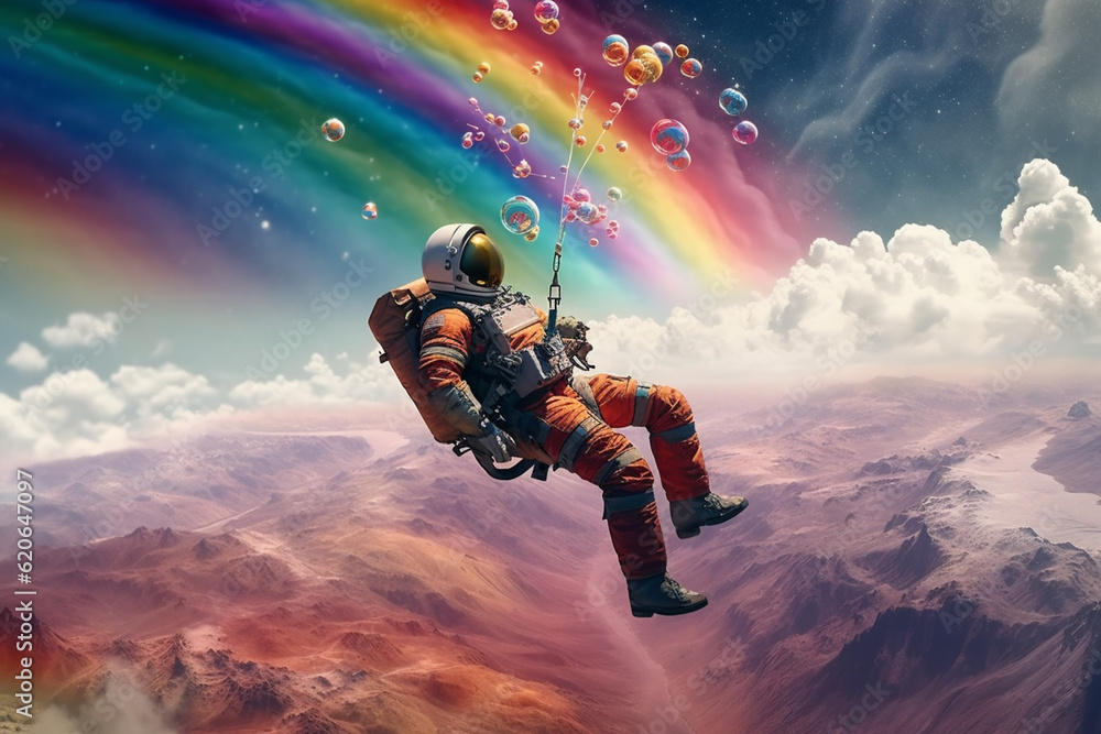 Poster an artistic representation of a cosmonaut floating above a surreal landscape filled with rainbow-col