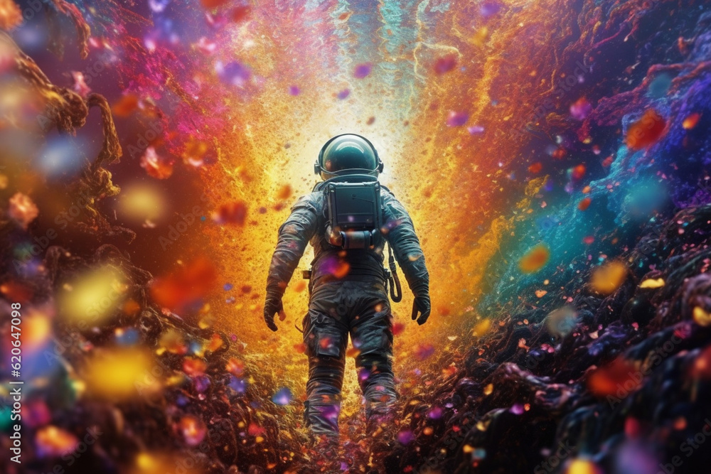Poster an abstract digital artwork showcasing a cosmic scene with a cosmonaut surrounded by swirling rainbo