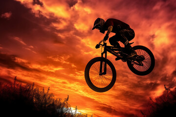 Naklejka na ściany i meble The silhouette of a BMX rider executing a high-flying trick on his bike, perfectly silhouetted against the radiant glow of the setting sun,. Generative AI technology.