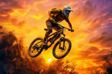 Fototapeta na wymiar A bold silhouette of a cyclist soaring through the air on his bike, surrounded by the golden hues of the setting sun, evoking a sense of power, skill,. Generative AI technology.