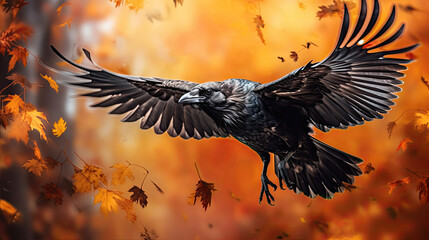 raven in flight with autumn leave background. 