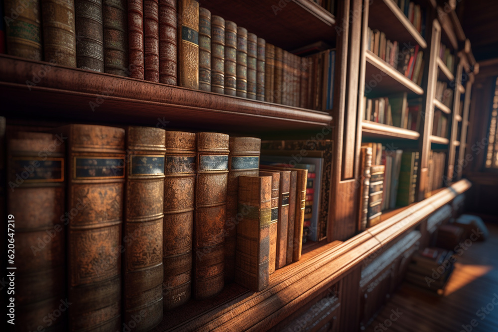 Poster an image of an open ancient book positioned among rows of other books on a wooden library shelf. gen