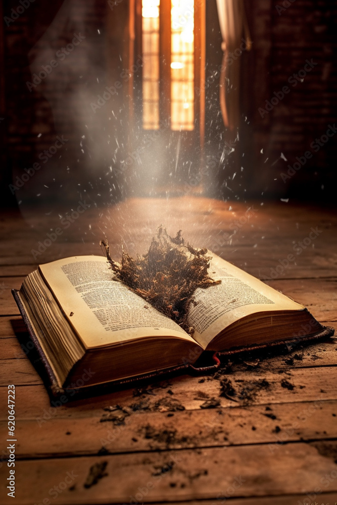 Poster an image of an open ancient book left abandoned on a weathered wooden table, covered in a layer of d