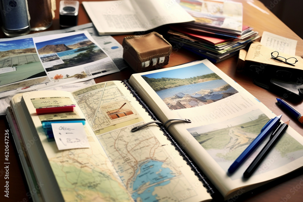 Fototapete an image of an open travelogue, showcasing handwritten accounts and sketches of distant lands. gener