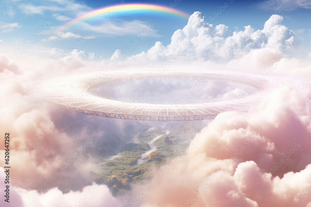 Fototapete an ethereal depiction of a rainbow bridge soaring high above the clouds, seemingly leading to a cele