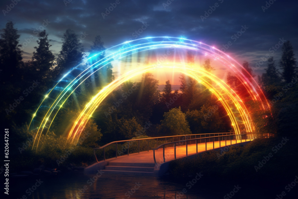 Poster An enchanting image of a rainbow bridge illuminated by a soft, diffused light. Generative AI technology.
