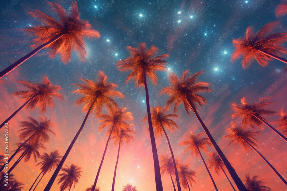 Aufkleber an abstract depiction of palm trees in a surreal landscape, where the trunks twist and turn like flo