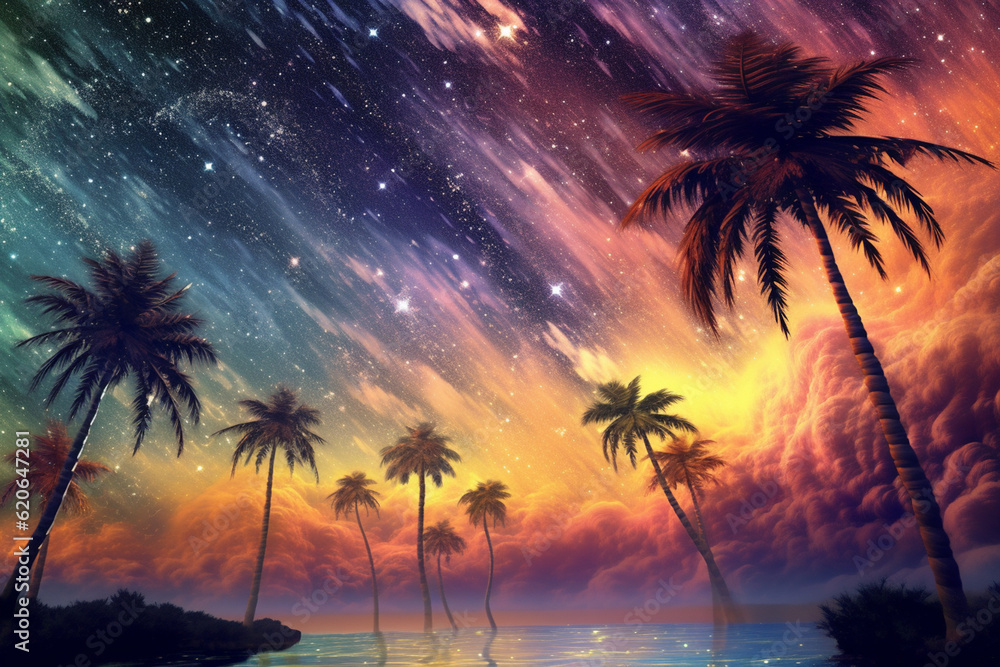 Poster Cosmic Oasis: An abstract representation of palm trees set against a backdrop of swirling galaxies and cosmic clouds. Generative AI technology.