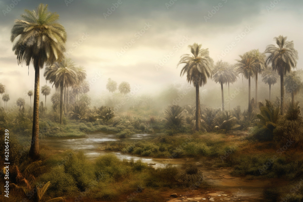 Poster mysterious palm enclave: an enigmatic scene of palm trees in a surreal landscape shrouded in mist an